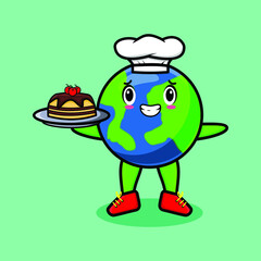 Cute Cartoon chef earth mascot character serving cake on tray cute style design in 3d cartoon style concept