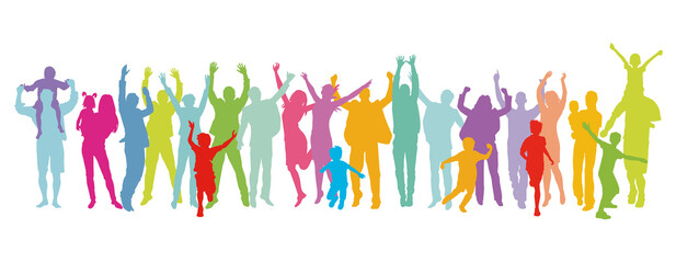 fröhliche Familien, Eltern und Kinder vergnügt beisammen, isoliert auf weißem Hintergrund Illustration