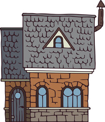 Brown Brick House with a Gray Roof and Attic Floor