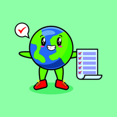 Cute cartoon earth character holding checklist note in concept 3d cartoon style