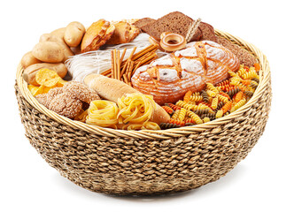 Food basket. Vast of different vegetables in the wicker basket on white background.