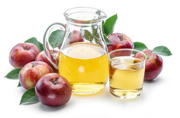 Glass and carafe of fresh apple juice and organic apples isolated on white background.