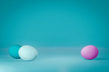 Pastel painted easter eggs with blue sky background and negative space for copy. 3d rendering.