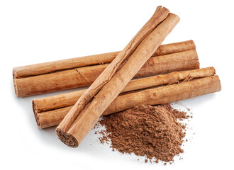 Cinnamon dried bark strips and cinnamon powder, sweet-smelling brown substance used in cooking, isolated on white background.