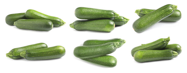 Set of fresh ripe zucchinis on white background. Banner design