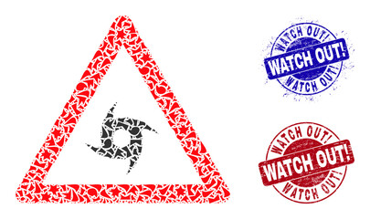 Round WATCH OUT! unclean stamp imitations with word inside round shapes, and fraction mosaic hurricane warning icon. Blue and red stamps includes WATCH OUT! tag.