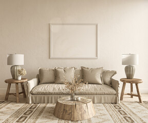 Boho scandinavian interior design living room. Mock up beige empty wall with wooden furniture. 3d render illustration warm beige color.