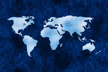 World map on blue digital screen background