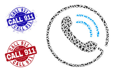 Round CALL 911 grunge stamps with text inside round forms, and fraction mosaic phone call icon. Blue and red stamps includes CALL 911 title. Phone call mosaic icon of fraction items.