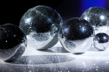 several mirror disco balls of different sizes lie on a white surface in the rays of bright light
