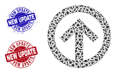 Round NEW UPDATE rough stamp seals with tag inside circle shapes, and fragment mosaic direction up icon. Blue and red stamp seals includes NEW UPDATE tag. Direction up collage icon of shards parts.