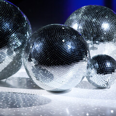 several mirror disco balls lie on a white surface in the rays of light
