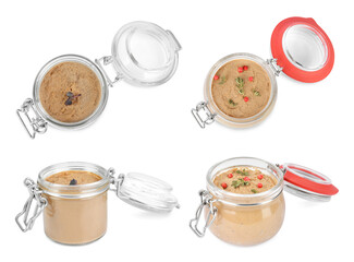 Glass jars with delicious liver pate on white background, collage