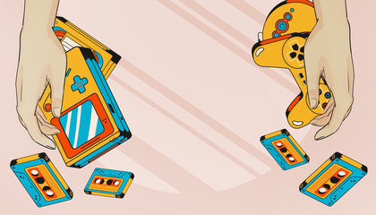 Vintage Retro Gamepad style and Hand background. Futuristic Vintage Game, game 90s, Copy Space, design for banner, gaming industry - 3d Rendering © guguart
