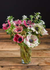 Anemone im Blumenstrauß in Glasvase, Frühlingsdekoration
