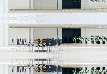 Empty modern generic interior with business table and chairs in metaverse conceptual reality...