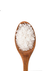 Sea salt in wooden bowl isolated on white background closeup top view