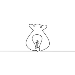 Continuous line drawing of bulb and money bag, business concept, icon doodle design, object one line, single line art, vector illustration
