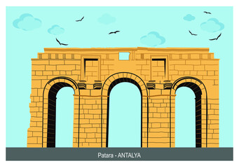 Obraz premium Ruins of the ancient Lycian city Patara, Ancient city entrance door. Patara was at the Lycia (Lycian) League's capital. Antalya, TURKEY. Eps vector design