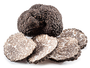 Black winter truffle and truffle slices on white background. The most famous of the trufflez.