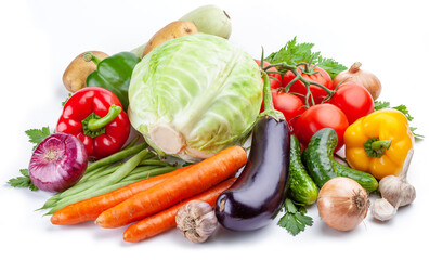 Vast of different vegetables isolated on white background.