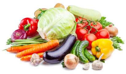 Vast of different vegetables isolated on white background.