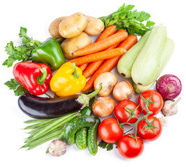 Vast of different vegetables isolated on white background.