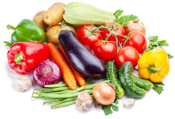 Vast of different vegetables isolated on white background.