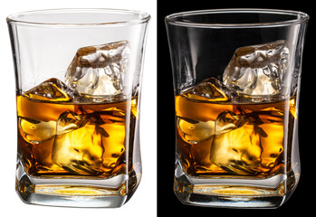 Glass of whisky on white and black backgrounds. File contains clipping paths.