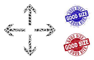 Round GOOD SIZE unclean stamp imitations with caption inside circle forms, and debris mosaic expand arrows icon. Blue and red stamp seals includes GOOD SIZE caption.