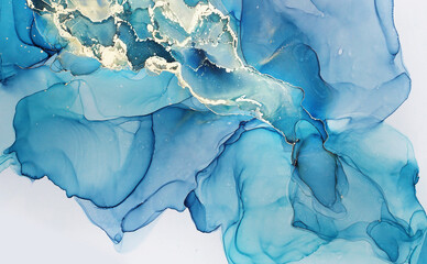 Naklejka premium Abstract alcohol ink painting texture in blue azure tones with golden splashes