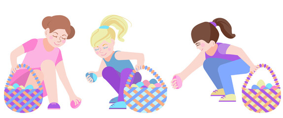Set of Easter characters. Cute little girls collect Easter eggs in the basket. Blonde, brunette looking for festive eggs. Vector illustration in a flat cartoon style is isolated on a white background.