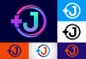 Initial J monogram in a circle with cross plus. Medical logo. Logo for pharmacy, clinic business.