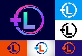 Initial L monogram in a circle with cross plus. Medical logo. Logo for pharmacy, clinic business.