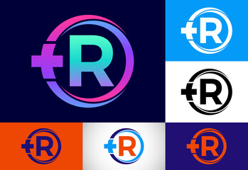 Initial R monogram in a circle with cross plus. Medical logo. Logo for pharmacy, clinic business.