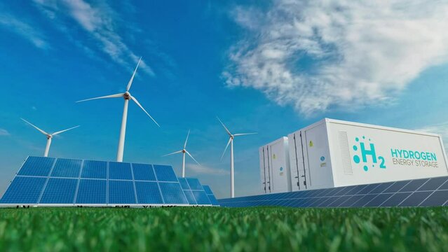 Hydrogen technology. Hydrogen storage against the background of solar panels and air turbines. Green alternative energy. Rejection of oil and gas