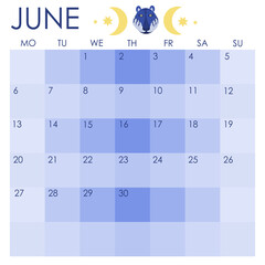 June 2022 calendar. Fun tiger calendar. Vector calendar 2022. Blue tiger.