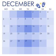 December 2022 calendar. Fun tiger calendar. Vector calendar 2022. Blue tiger.