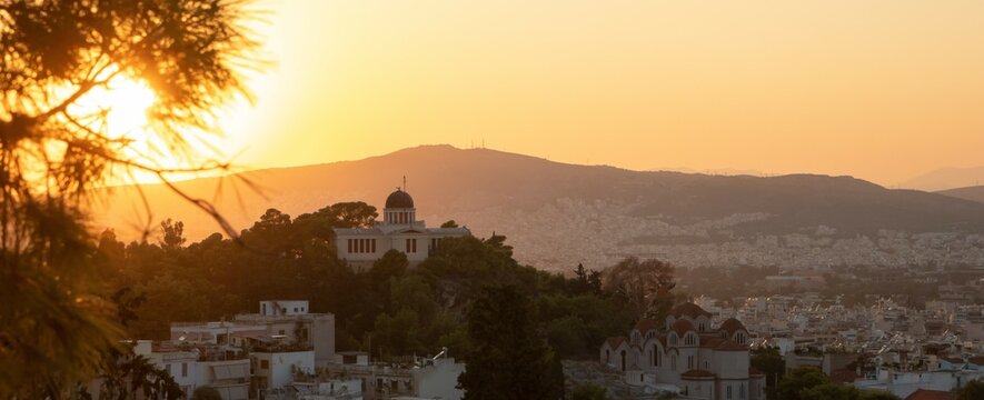 Panoramic view from the popular Areopagus hill in Athens Greece