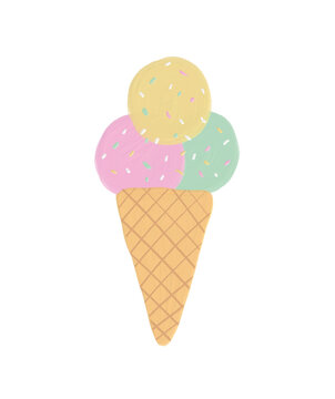 Cute Hand Drawn Nursery Vector Illustration with Three Scoops of Fruit Ice Cream with Sweet Colorful Sprinkles in a Waffle Cone. Light Pink, Blue Mint and Yellow Scoops on a White Background.  