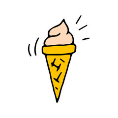 Ice cream in a waffle cone. Food. Cold dessert. Vector. Doodle. Hand-drawn illustration.