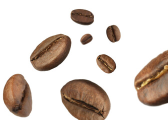 Many roasted coffee beans flying on white background