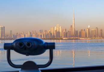 Fototapeta na wymiar Dubai, UAE - 02.11.2022 - View of Dubai skyline, shot made from Dubai creek harbor. City