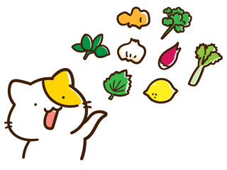ねこのキャラクターと薬味食材のかわいい手書き風イラストセット