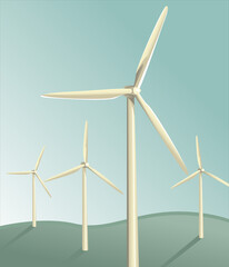 Wind farm on a green field and a blue sky. Alternative energy source. Green energy. EPS 10.