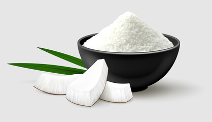 Realistic vector illustration of coconut flakes in a black bowl, three pieces of coco and palm leaves. Isolated on gray background. Side view. 