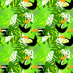 Toucans in green monstera leaves seamless tropical pattern art design stock vector illustration for web, for print