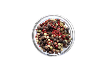 Series, spices on a white background, isolate, in different angles. Red, orange, bright pepper mix in a bowl