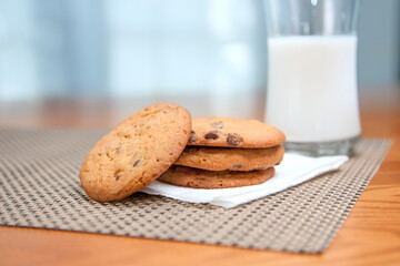 Fresh baked cookies and milk at home
