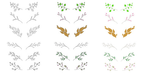 Set of tree branches for logo or web design floral elements illustration. Hand drawn vector line botanical collection of illustration. Sketch and coloured picture.